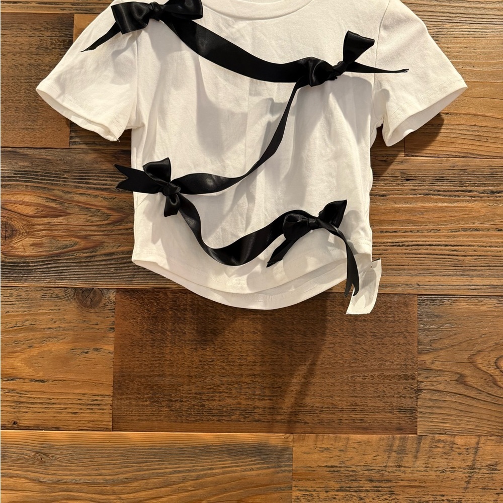 Cropped White T-Shirt with Black Ribbon Accents, Madonna & Co